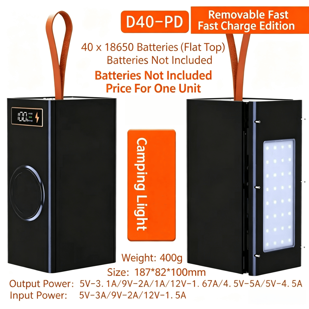 Diy Box Electronics Mall - กล่องใส่แบตเตอรี่สำรอง DIY ขนาด 40*18650 รุ่นมีไฟส่องสว่างสำหรับแคมป์ปิ้ง รองรับทั้งแบบปกติ/PD
